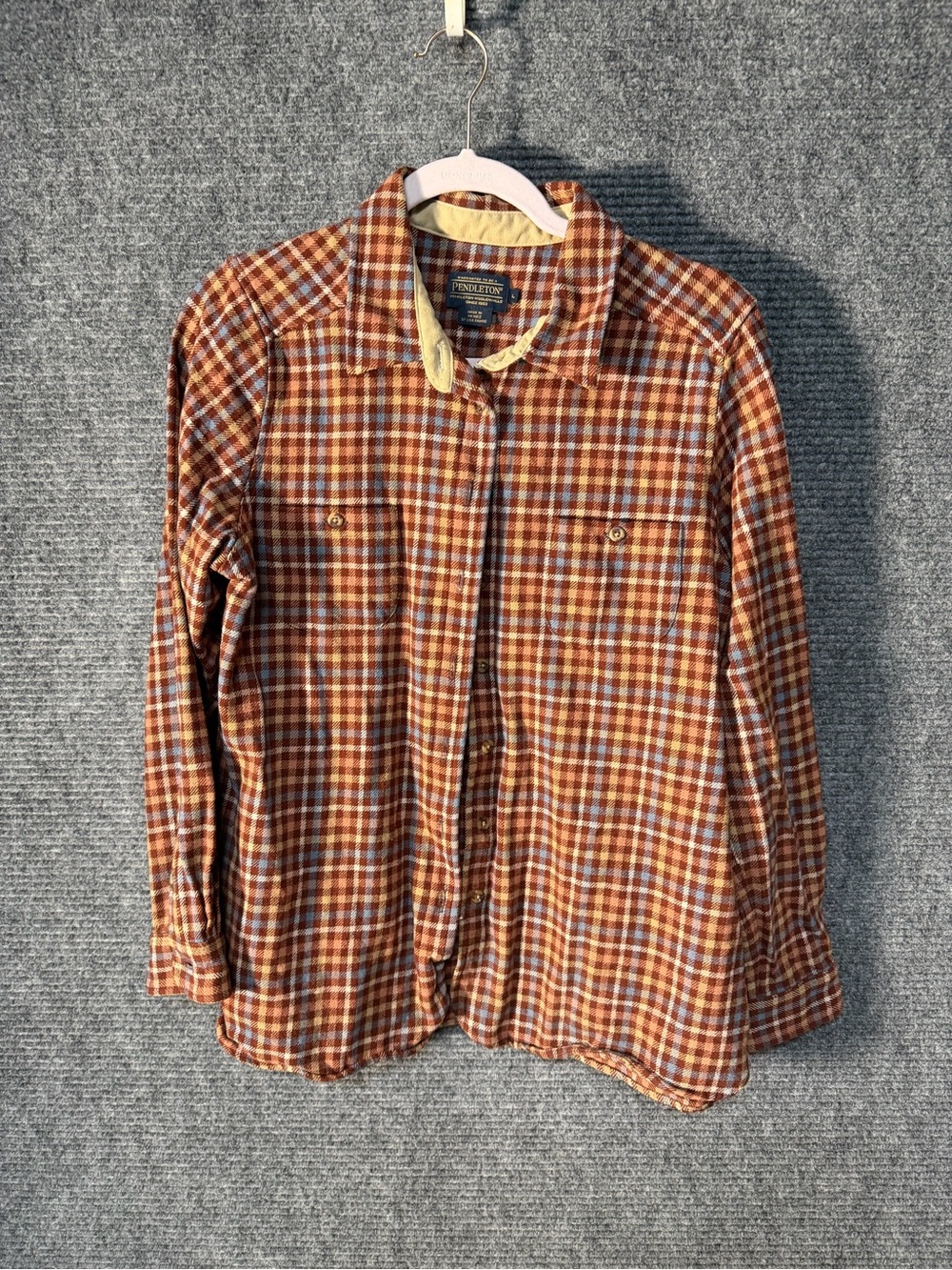 Pendleton Men's Rust Brown and Plaid Button-Down Shirt 100% virgin wool